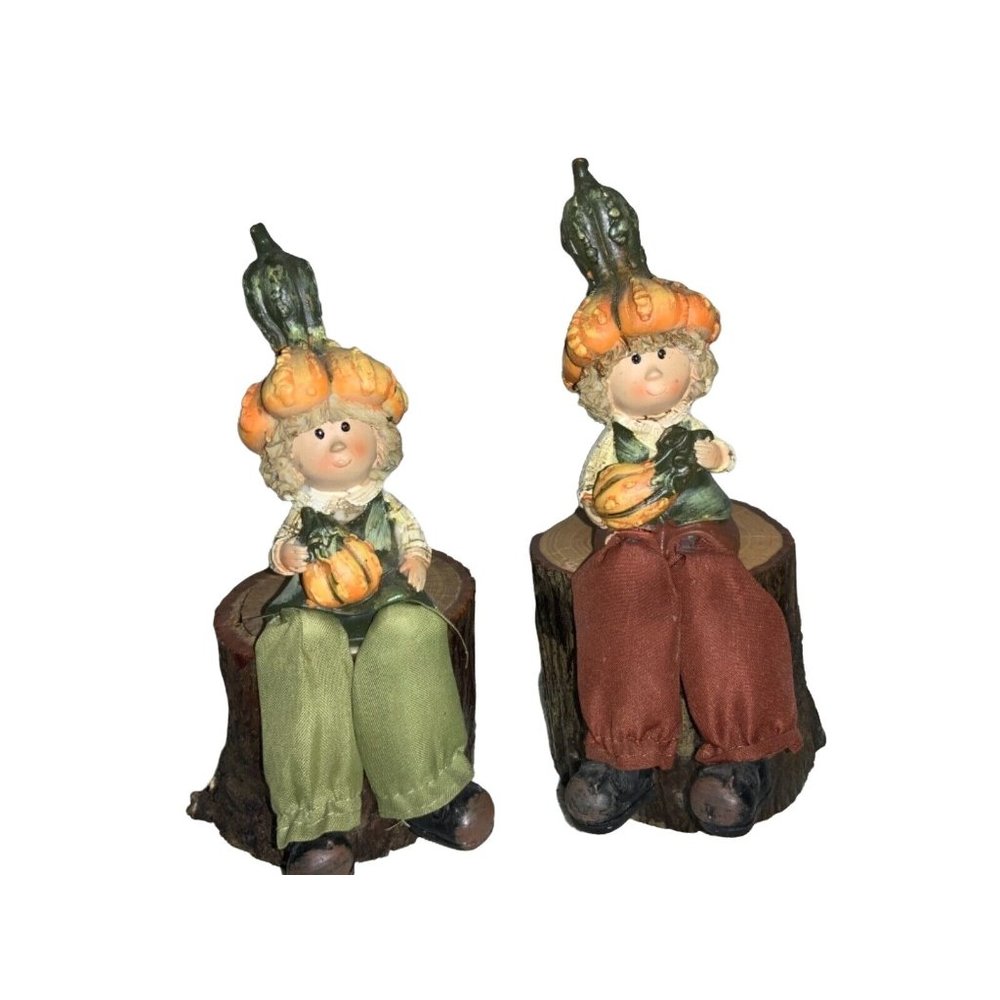 Fall/ Autumn Decor-  Children with gourd Hats Sitting on Logs